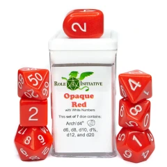 Set Of 7 Dice: Opaque Red W/ White Numbers  Dice